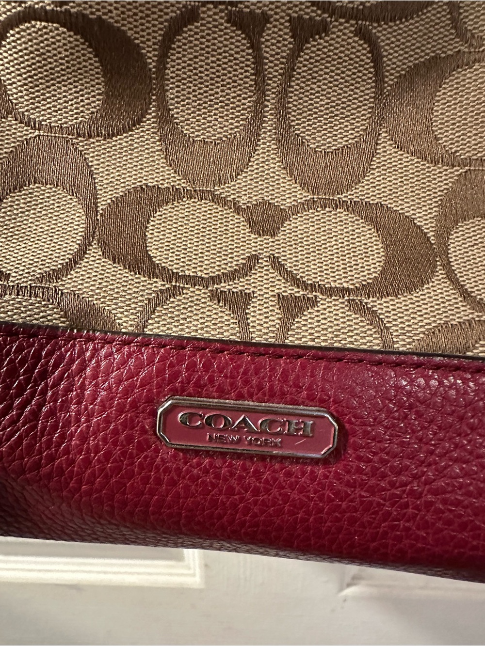 Coach Tan Signature Carrie Tote with Burgundy Leather Trim and Wallet - Picture 5 of 16